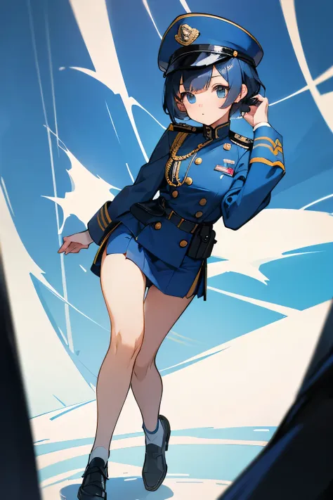  Mini Skirt、 Short Hairstyle 、A cute officer girl with slight hair 、Natural feel、Blue military uniform、 and lots of medals