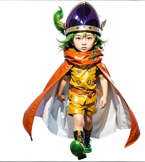 a young Asian teenage boy  with green wild  hair and purple eyes, purple helmet  orange cloak with golden shirt with white strip down the middle and gold shorts and brown boots with green tips, green dragon sword hilt,  ultra realistic, high quality, detai...