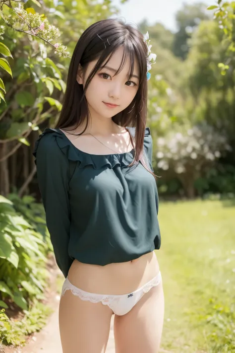 1 young girl,very cute and beautiful japanese teen actress,highly detailed beautiful face, (elegant classic frilled dark green blouse) BREAK (smile),happy,looking at viewer,standing,arms behind back,cowboy shot,solo, (laced white underwear), flower garden,...