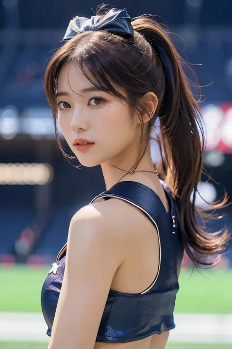 ((top-quality、8K、photographrealistic:1.4、​masterpiece))、Back lighting、a beautiful woman with perfect figure: 1.4, dark brown hair, high ponytail, wearing a pendant、30year old、(((Bull Cheerleader:1.2)))、((Stadium Background:1.2))、super-detaild skin、beautifu...