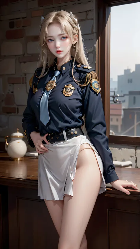 ((A policewoman standing in front of a brick wall)),Highest quality work,Live-action work,Ultra Premium Graphics,8K HD CG Works,High Quality Graphics,High-definition CG works,10x pixels,Ultra-fine detail:1.1,High level of technical detail:1.1 Photorealisti...