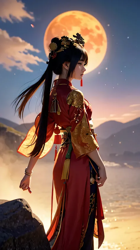 A girl wearing ancient Chinese style clothes and standing on the a big rock showing his back tonrhe camera which is fram away . And watching the blood moon in the sky. The sky is full of stars and some meteors are going through the sky. Wind is blowing and...