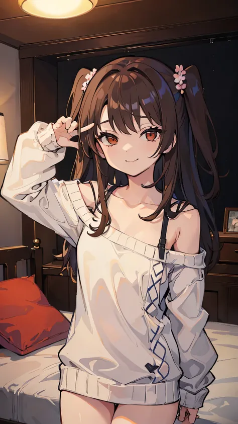 ((masterpiece、 top quality、 very detailed))、 one girl、Brown Hair、 long hair、 two side up、 Brown Eyes 、evil smile、 smaller breasts、((white sweater))、 off-shoulder、thighs、 cowboy shot、(( dark room))、Bedroom Background