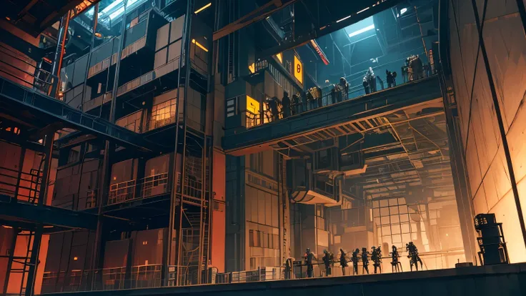 A massive World War II-era Nazi assembly laboratory, bustling with activity as engineers and soldiers work on constructing an 18-meter-tall Gundam. The towering mech dominates the scene, its black and silver frame glowing with red energy lines, intricate d...