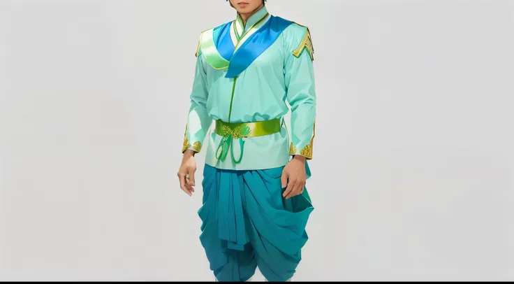 khmer  man in a purple and green outfit standing in front of a white background, dressed with fluent clothes, dressed with long fluent clothes, costume with blue accents, tai costume, traditional tai costume, costume desig, very detailed and rich clothing,...