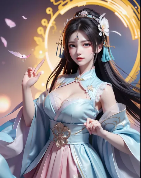 in qipao chinese,(8k, RAW photo:1.2), best quality, ultra high res,dramatic angle,(fluttered detailed color splashs), (illustration),(((1 girl))),(long hair),(rain:0.9), (Headdress:1.4),There is an ancient palace beside the girl,(Key Points),Color ink pain...