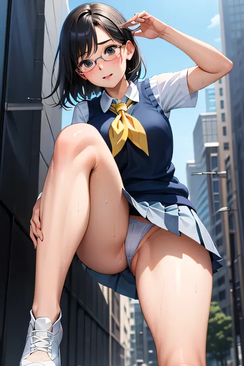  1 girl ,18 years old, good anatomy ,   Masterpiece  ,  top quality, realistic , hyper realistic , 16K HDR, shorthair,  black hair,  blue eyes, Glasses,  school uniform,  yellow neckerchief ,  colored shirt , sweater vest, (Blue vest:1.2), Short sleeve, ar...