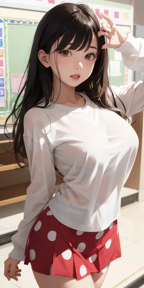  Bigger breasts、transparent、Realistically、 looked back 、 Lower your head,     accentuates buttocks     (  young elementary school student   )   Show your chest slightly    、、   teeth、 Wear a fitted long sleeve t-shirt   、  red polka dot short miniskirt  、 ...