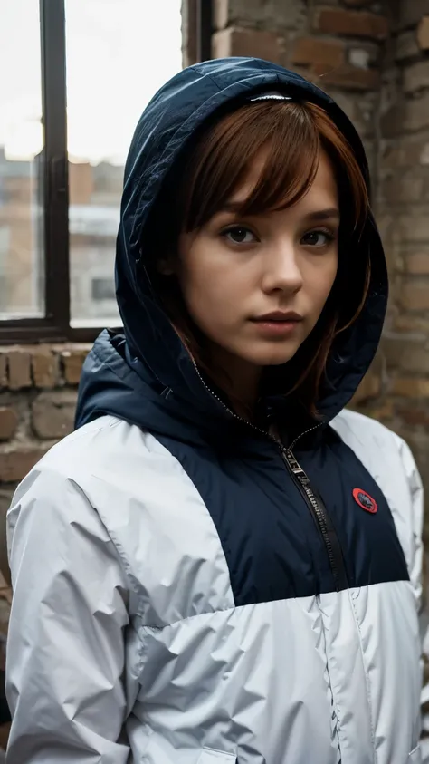 Girl Brown, Red Hair, Navy blue, matte puffer vest, with a hood and snap-button closure, offering a sleek and functional style 