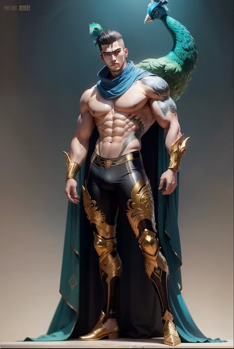 Sculpture design, figures, model gk, full body of the character, Peacock decoration ,  the character merges with the peacock , exposed muscles, (exquisite base), Wu Yifan,  handsome cybernetic boy looking at the camera detailed lingerie masterpiece of musc...