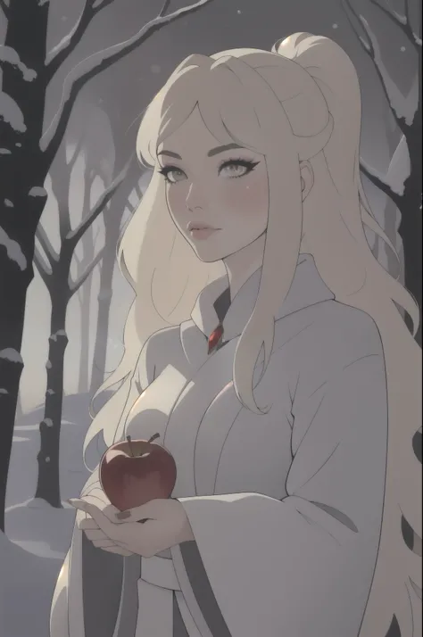 inviting the viewer to imagine what is happening around them . She is shown in a winter environment , surrounded by leafless trees , She is shown in a winter environment .
### features :
1. **Hair**: The character has long, straight hair , in a pla...