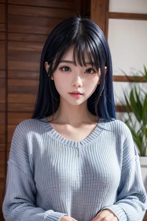  Japanese woman with a viewing angle of、 facing the front、Blue Hair、 sweater 