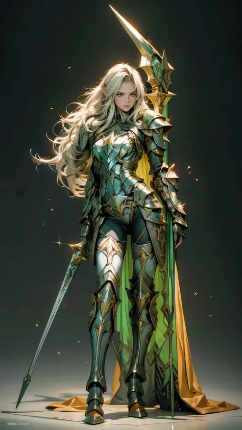 woman, fantasy metal armor, pointy ears, hips up, action pose, green theme, 