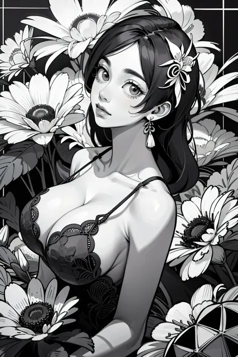 Keqing, genshin inpact, absurdres,highres,ultra detailed,ultra-detailed background,detailed background,extremly detailed,1girl,bunch of flowers,(zentangle:1.2),(geometric:1.2) black and white color palette, monochromatic, big tits, cleavage, sideboob, ling...