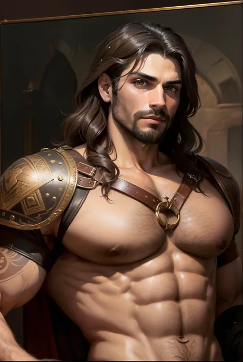 In the style of Davinci ,(( oil painting)), man wearing fetish leather equipment,hairy chest, hairy body, homoerotic ,masculine focus,intricate,Latino,Age:35, masterpiece ,More details, upper body,uncut,flaccid,