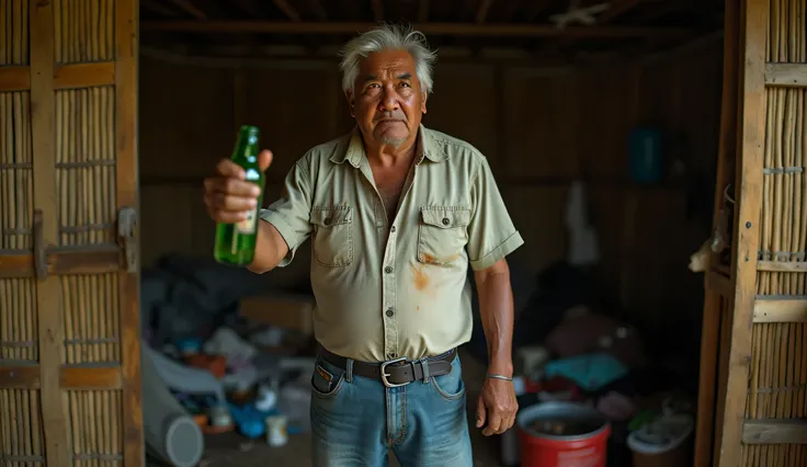 ((ultra-realistic photo)) [A 50-year-old Indonesian man with a stern, sharp gaze stands angrily in front of a simple bamboo-walled room. His expression is intense, his posture rigid, as he tightly grips a green bottle in his right hand. He has a stocky bui...