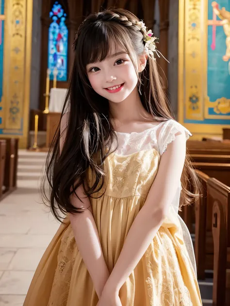  top quality　masterpiece　 Details　A super cute girl is smiling and sticking her tongue out on her right side of the mouth　cute　 Closeup 　The background is a stylish room　Photo style　 fantasy standing in a church