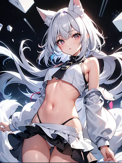  one girl 、White Fox Ears、Fox Tail、 gray hair bob hair 、 embarrassing、moisturized eyes 、 Clear Eyes 、colorful eyes 、Mid-chest、Belly button、Waistline、Thighs、knees、 viewers、Black jacket、Hide your hands on your sleeves 、 vinyl fiber white clothes、 white cloth...