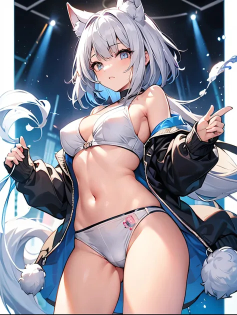  one girl 、White Fox Ears、Fox Tail、 gray hair bob hair 、 embarrassing、moisturized eyes 、 Clear Eyes 、colorful eyes 、Mid-chest、Belly button、Waistline、Thighs、knees、 viewers、Black jacket、Hide your hands on your sleeves 、vinyl fiber white clothes 、 white cloth...