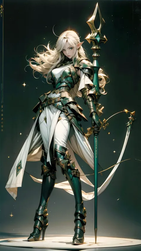 woman, fantasy metal armor, pale skin, pointy ears, hips up, action pose, green theme, bow, rapier, 