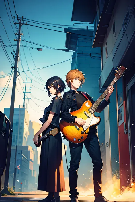 Two guitarist characters stand shoulder to shoulder