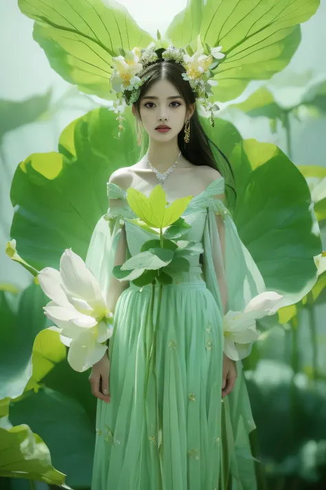 An enchanting humanoid-style plant creature in full bloom, standing upright. It has an overall green body color, with a flower-like structures sprouting around its head. The head is adorned with leaf-like extensions fashioned like a headband. It flaunts a ...