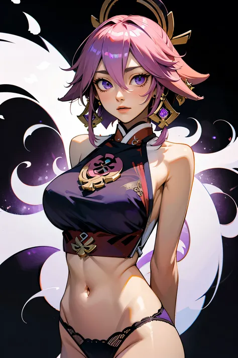 Yae Miko from Genshin Impact, big breasts, pink hair, purple eyes, tight crop top, panties, arms behind back, shiny skin, black background, looking at viewer, 