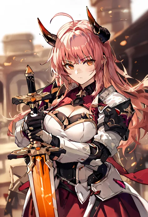 1girl, solo, orange_eyes, long_hair, rating:s, armor,cleavage cutout, cleavage, armor,looking_at_viewer, bangs, horns, ahoge, breasts, long_sleeves, white coat,serious, sword, holding sword,eyebrows_visible_through_hair, blush, gloves, shirt, magenta_hair,...