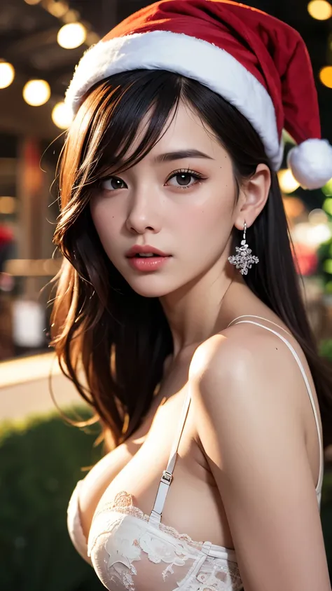   Masterpiece  , Highly Detailed CG Unity 8K Wallpaper ,1人of女of子, beautiful,  realistic , Blur, Blur_background, Blur_ foreground, branch, brown_hair, 梅of花, Depth_of_Field,  earrings for a woman alone, flower, gem, nose,  realistic , Alone,(christmas: 1.4)...