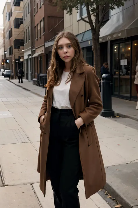 Elizabeth Olsen in a beautiful outfit, brown overcoat, black pants, white t-shirt, sidewalk, street, urban neighborhood.