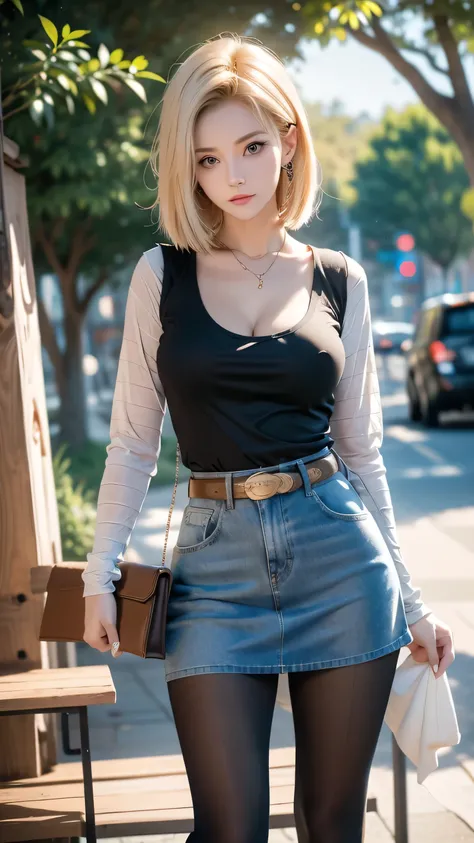 One girl,  Android 18, Blonde hair, Pretty and sexy girl, Light blonde hair, Short length hush cut hair, She have Very large breasts bouncing, Wearing a very short blue H-line denim skirt, Wearing a short blue denim vest, The denim skirt and denim vest col...