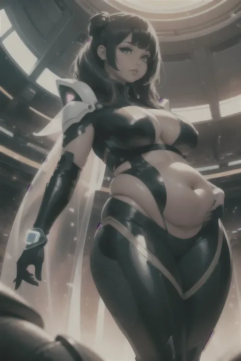 ( best quality ), ( High resolution), (detailed),[1mulher,  curvy woman , thick,  chubby belly,futuristic style, Future fashion , ((( hyperfuturistic ))), spacesuit, ((Solar)), ((woman of the sun)), with vagina showing, VERY BIG