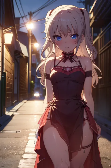 NSFW,masterpiece, top quality, high definition , very detailed,Nao Tomori,Nightlife, NEON STREET ,Back Alley,(Sex slave:1.5),( evening dress:1.5),Chest cut-in, Mini Skirt,Embarrassed,blush