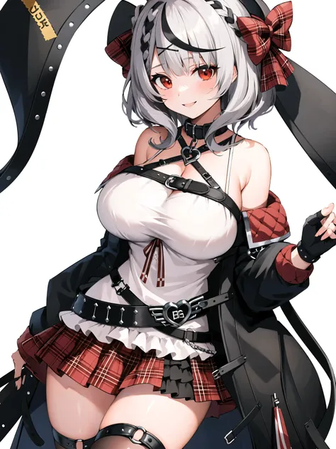   Masterpiece  ,  top quality,  high definition ,  1 girl , Alone, red_eye, Sakemachi Chloe, ガーターbelt, black fingerless gloves, Torn knee-highs, Grey Hair,  hair ornament , multicolored hair, Check pattern skirt,  striped hair,  clevis, x  hair ornament , ...