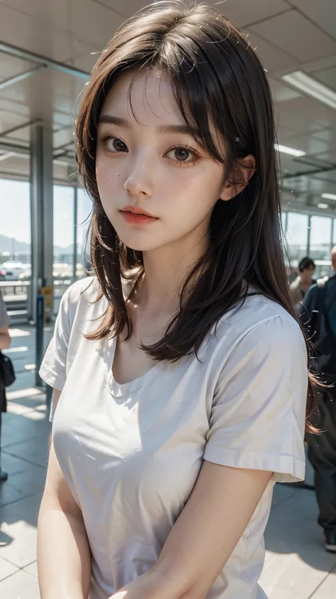 realistic photos of Korean female, crossed bangs, slightly smile, t-shirt, in the airport, pov, Eye-Level Shot, blurry, UHD, masterpiece, highres, 16k  