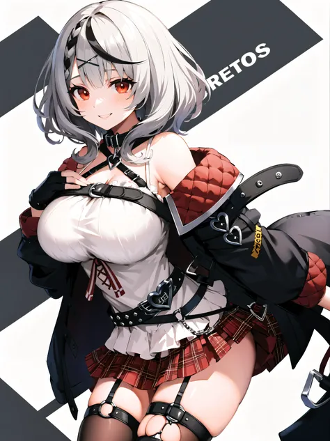   Masterpiece  ,  top quality,  high definition ,  1 girl , Alone, red_eye, Sakemachi Chloe, ガーターbelt, black fingerless gloves, Torn knee-highs, Grey Hair,  hair ornament , multicolored hair, Check pattern skirt,  striped hair,  clevis, x  hair ornament , ...
