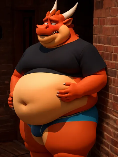 Male Red dragon, side view, extremely obese, very fat body, fat cheeks, huge belly, long mouth, enormous chin, very big round belly, very big boobs, big pointy teeth, chubby face, double chin, 3D render, tight short sleeves t-shirt, t-shirt cut above his b...