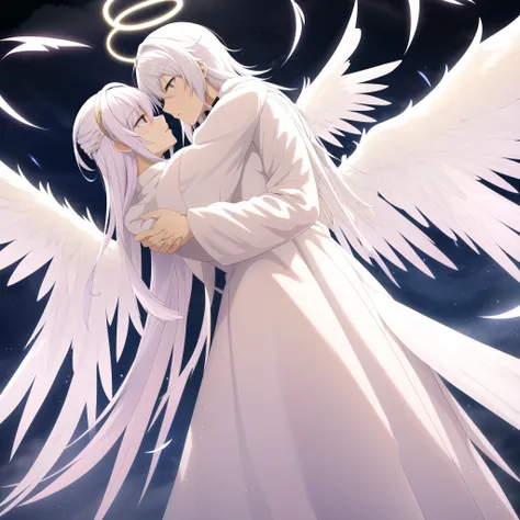 Frozen Snowstorm WORLD Background,Anime couple hugging and kissing ,Man red eyes , Man long platinum hair, platinum shiny halo ,anime angel with wings and a halo above his head, anime wallpaper, biblical accurate angel, angelic, ((zerator)), glowing angeli...