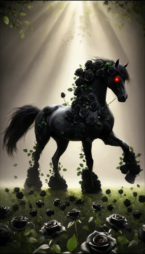 A horse made up of black rose some green leaf and red eyes 