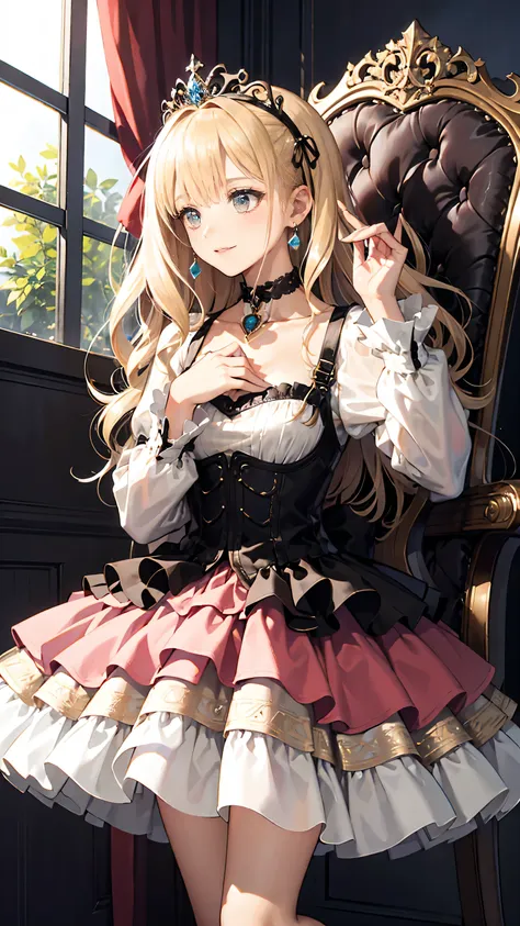 (8k,   best quality,  masterpiece : 1.2),   ultra high definition  ,,  Marie Antoinette ,   face ,grain fin,   Opening slightly   ,(blond), Long Hair,  cheveux ondulés devant la gare  , TO BREAK,Robe à volants Rococo,Long-sleeved dress,    La robe a une ju...