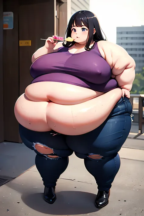  best quality,  super high resolution, background(Candy Country), Girl eating cake ( long black hair sweaty clothes torn by fat), ssbbw, Very obese, Very big belly, Obese women,