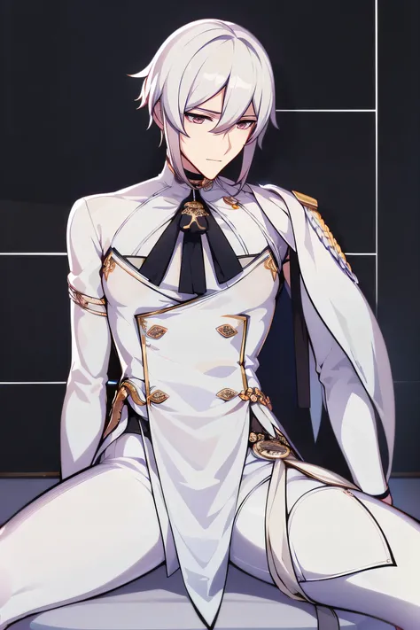 1 handsome emaciated man，Mature man，emaciated， Slim body ， spread legs ，bust，Thick hair， White Tight Knight Outfit，Knight Style ，Black over the knee boots，white high stretch leggings， white pantyhose