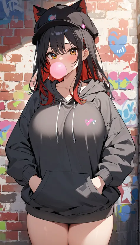 masterpiece,1girl, colored inner hair black hair red hair, black hat with cat_ears, gray oversized hoodie, chewing_gum on mouth, hands in pockets, graffiti on brick_wall, Big Breasts, 