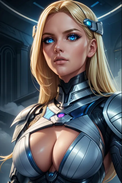 cybernetic goddess, blonde valkyrie, 1girl, detailed facial features, beautiful blue eyes, long eyelashes, sharp nose, full lips, intricate cybernetic armor, glowing circuits, flowing blonde hair, dramatic lighting, volumetric fog, fantasy landscape, drama...