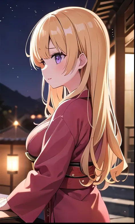     1 girl、,  gold hair、Golden Hair、 long hair,  Hair styling、 hair ornament、Curly hair、  Purple Eyes ,  Outdoor、shrine、Sit on the stairs、back fireworkが上がる、night  1 girl 、firework、 BEST lighting 、BEST shadow、Big Breasts、 ,  pink lips、night、 Best Shadow  ,B...