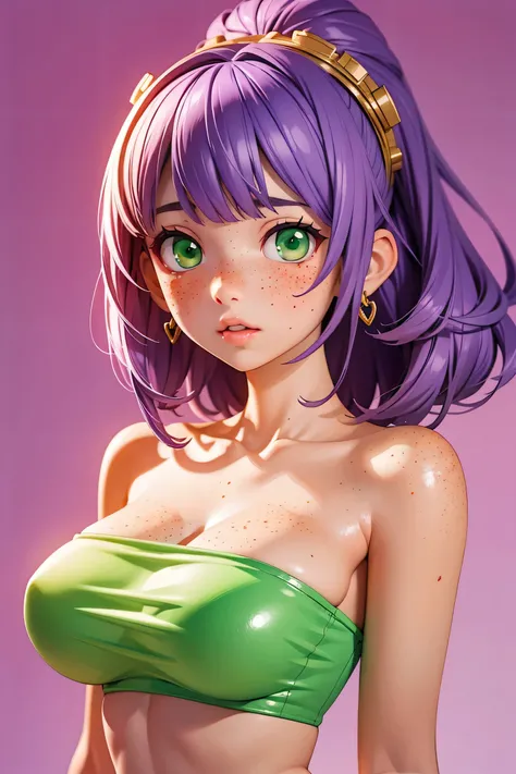 (masterpiece, highres, high resolution:1.2), anime 20 yo girl, portrait, shoulders up, illustration. drawn, violet hair woman, green eyes, blushing, solo, surprised, freckles, big lips, huge breasts, perfect body, wearing a tube top, no hands,