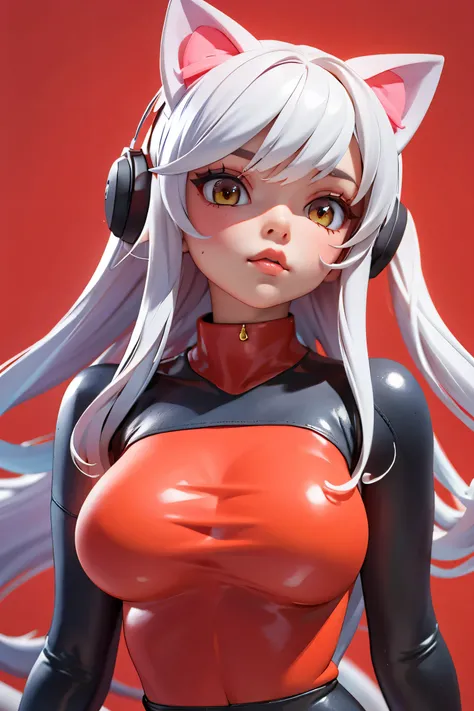 A Girl wearing half red full skin tight turtle neck and cat ear headphones, sexy, big breasts, 