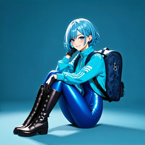 (masterpiece、 top quality、 highest resolution、distinct_image、 Detailed Images ): (solo、A girl alone、Face is Japanese、 shortcuts、 blue haired girl、Full body、（ perfect body：1.4）、 Sparkling Blue Eyes 、pilot suit in blue color、Tight fitting clothes、Clothing th...