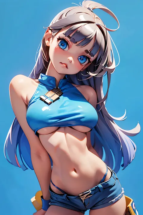 1girl,solo，Blue Background，huge breasts, crop top, short shorts, underboob, Unbelievably long hair，cowboy shot,,looking at viewer，Simple style，wide angle,Dynamic Angle，(bangs_pinned_back:1.5),(head_tilt:1.7),(cuvrybody:1.1)，Lively posture，From the front，Fr...