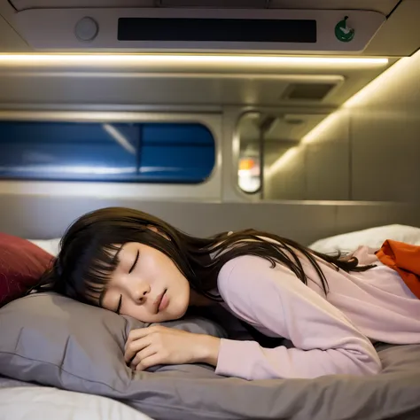 Japanese woman in her 20s sleeping on a sleeper train, real photo, ultra high resolution, 4K